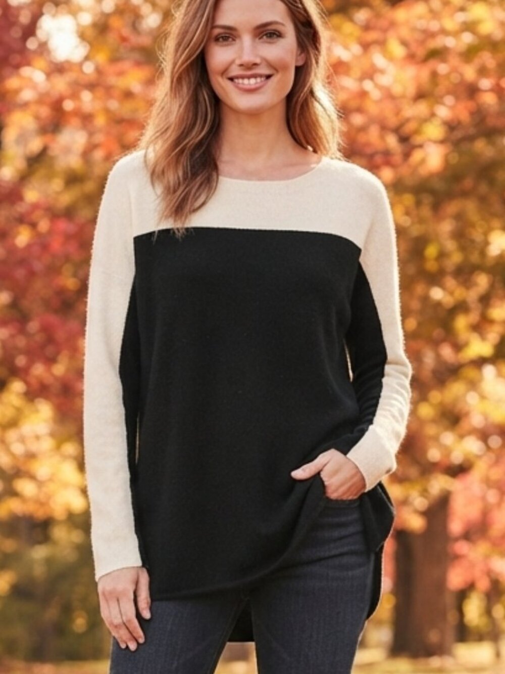 Lord & Taylor 100% Cashmere Colorblock Sweater Black Cream Medium Relaxed Fit